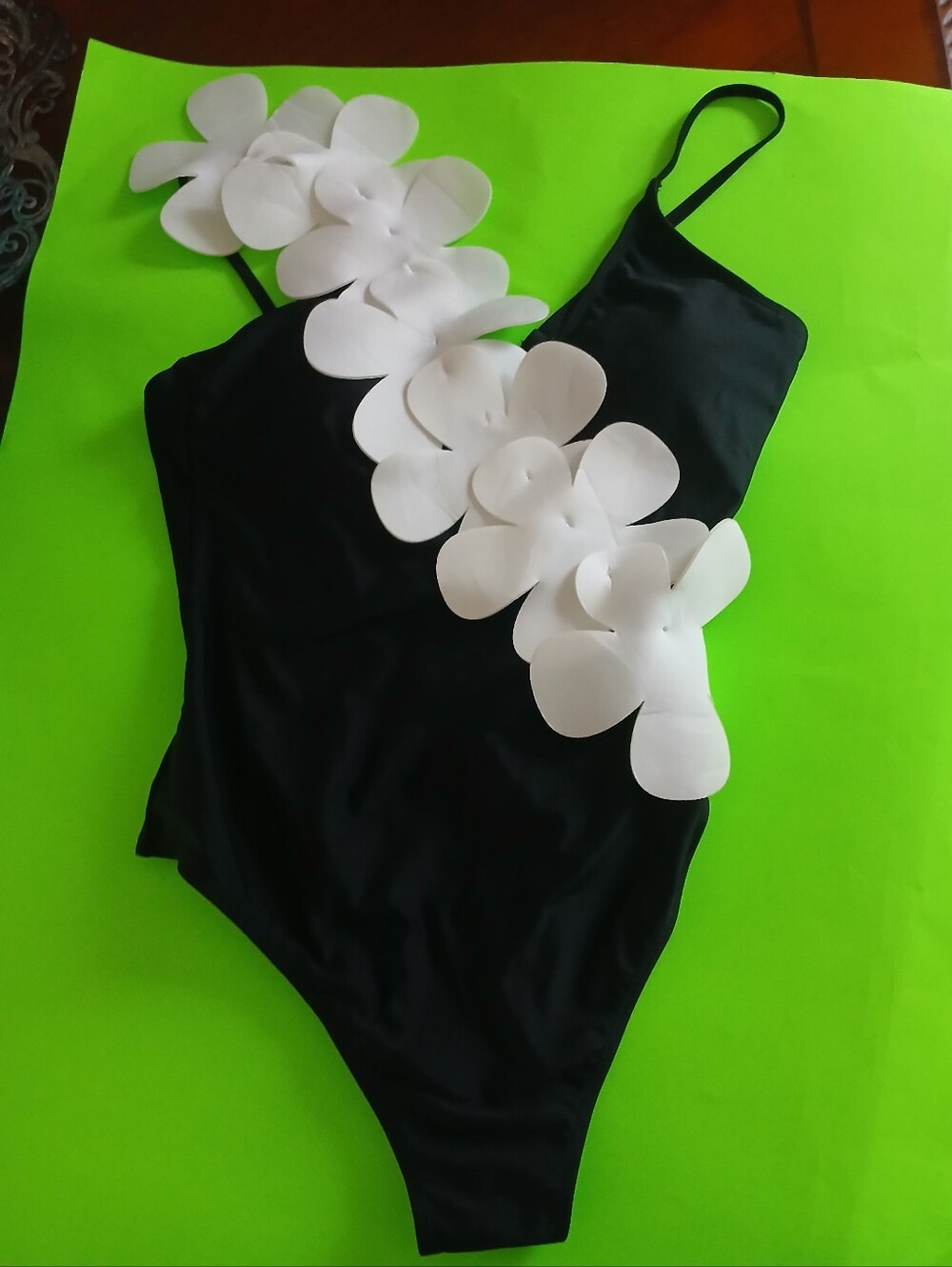 Black One-Piece Swimsuit with White 3D Floral Detail